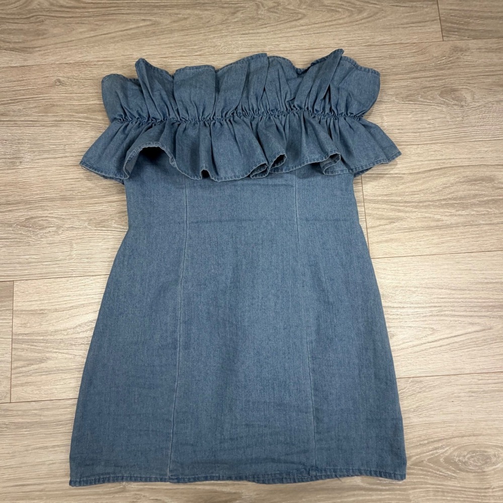 DO+BE Blue Strapless Ruffle Denim Mini Dress - Picture 3 of 10